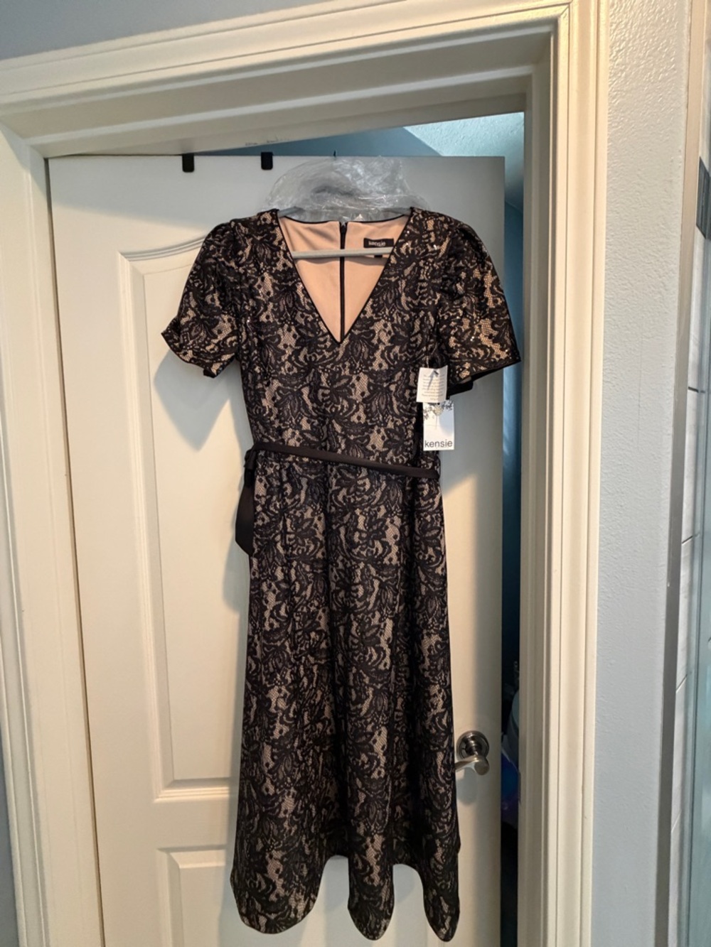 Kensie Black Beaded sequined Lace Overlay Midi Dress with Nude Lining - Picture 3 of 7
